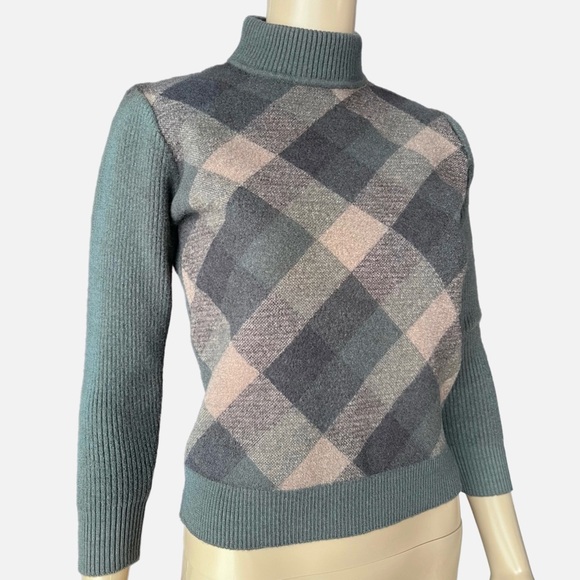 Vintage Bofan 100% Wool Argyle Mock Neck Sweater | 80s 90s | Green Gray - Picture 2 of 7